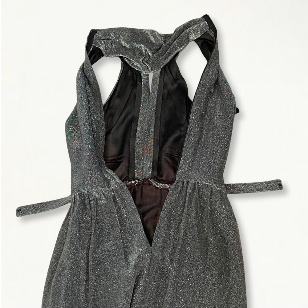 Vintage 1970s Silver Metallic Studio 54 Keyhole Jewel Belted Halter Maxi Dress - Picture 12 of 15
